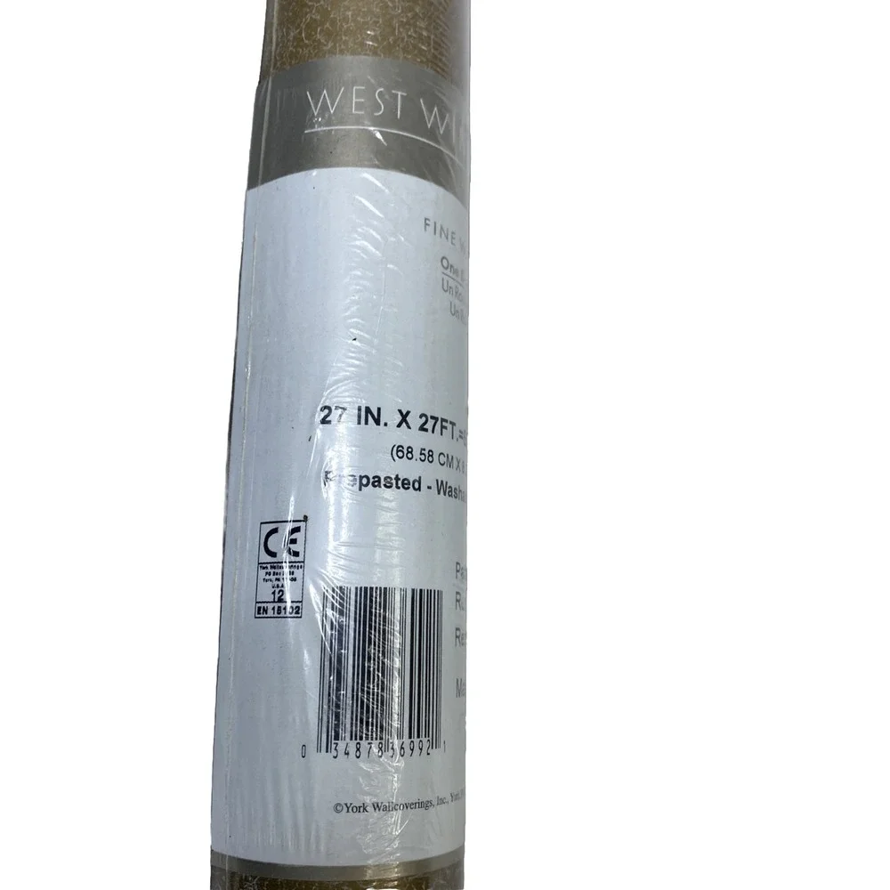 York Gold Silver Foil Crackle Striped Beige VTG Dbl Roll Wallpaper West Wind Des